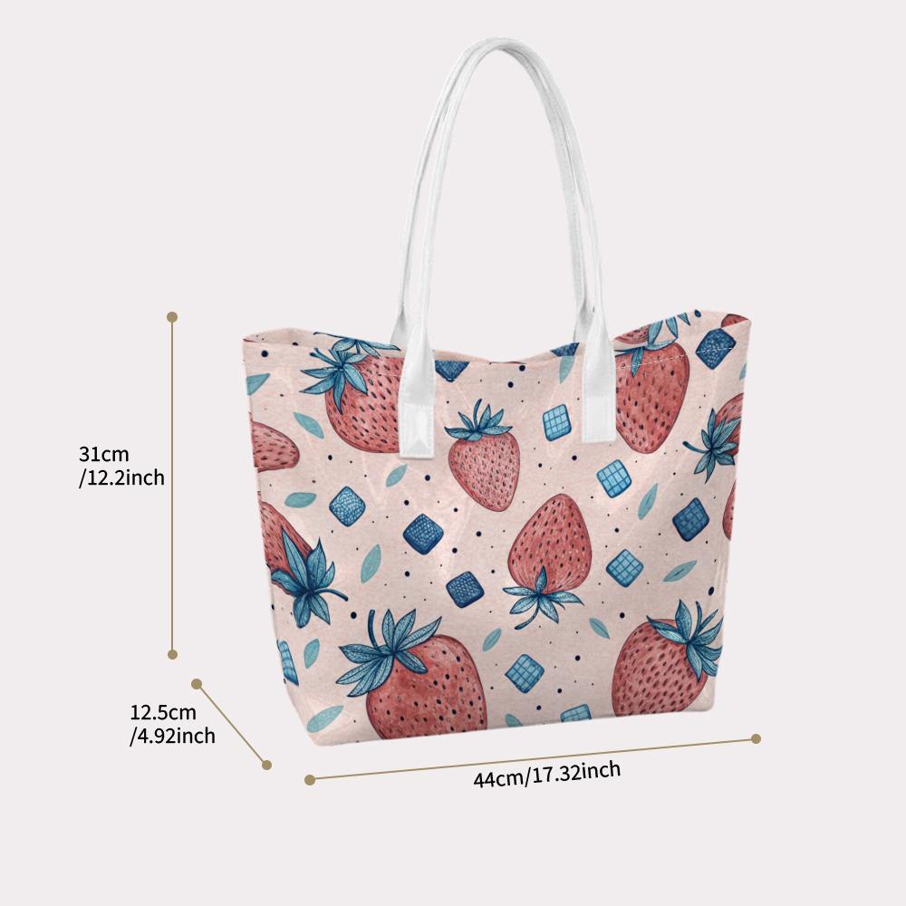 Cute Strawberry Print Tote Bag Portable Casual Shopping Shoulder Bag for Daily Use