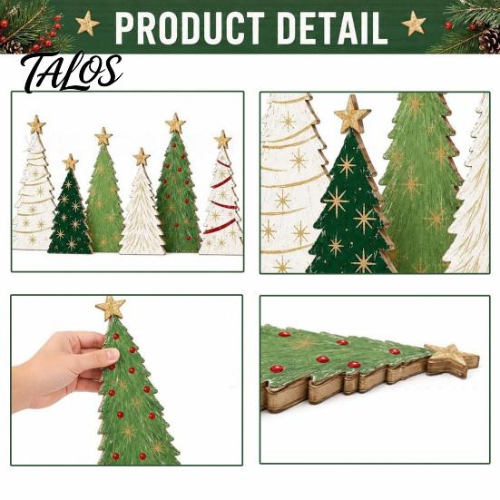Eco Friendly Painted Wood Trees 6Pcs Wooden Christmas Tree Tabletop Decor Set, Rustic Star Topped Retro Seasonal Mantel Decorations Mini Figurines,