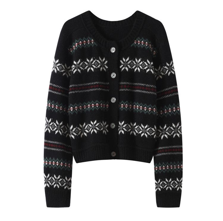 Cashmere Women's Retro Jacquard Loose Knit Cardigan - Old Money Style, Autumn Winter Fair Isle