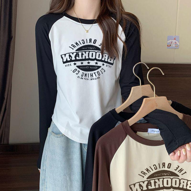 Women's Color Block Raglan Long Sleeve T-Shirt - 2024 Spring/Autumn Slim Fit Spliced Base Top