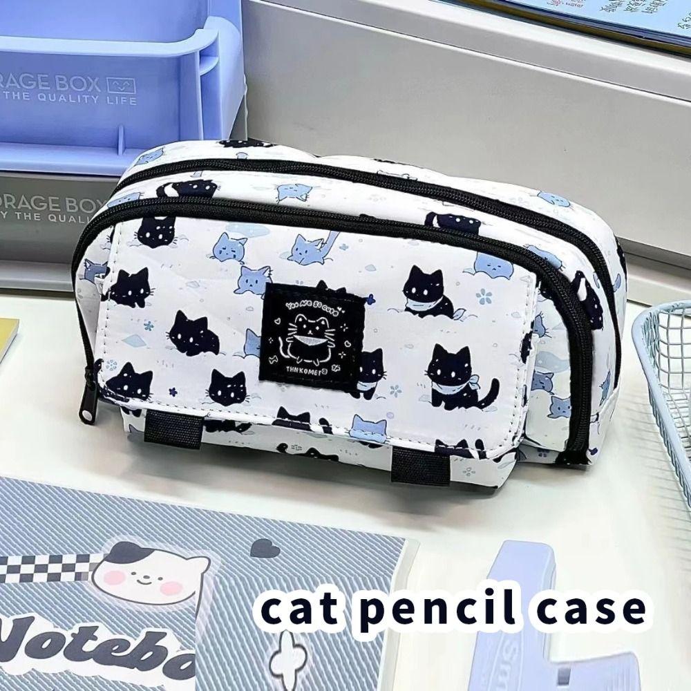 Three-layer Snow Cat Pencil Bag Large Capacity Kitten Stationery Bag  Student