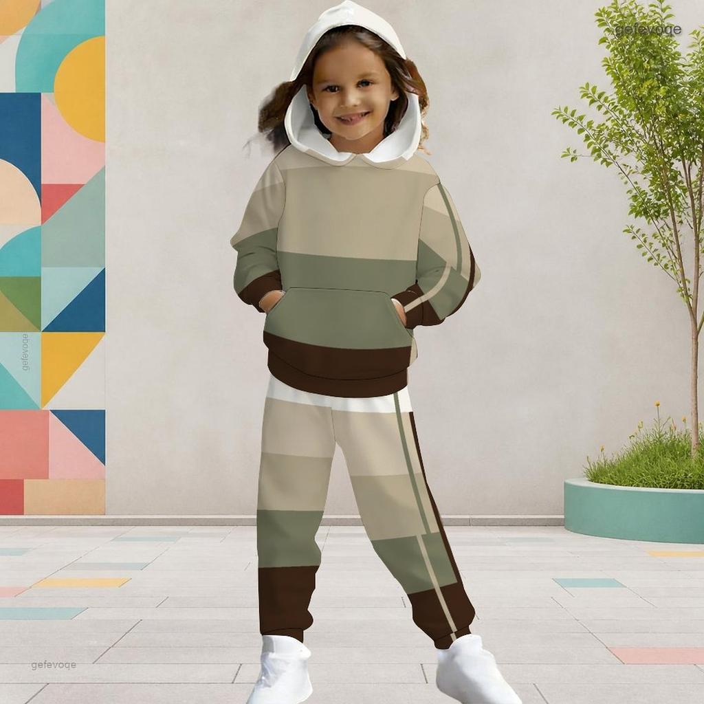 Girls Black White Printed Hooded Long Sleeve Top And Cuffed Pants Two Piece Set