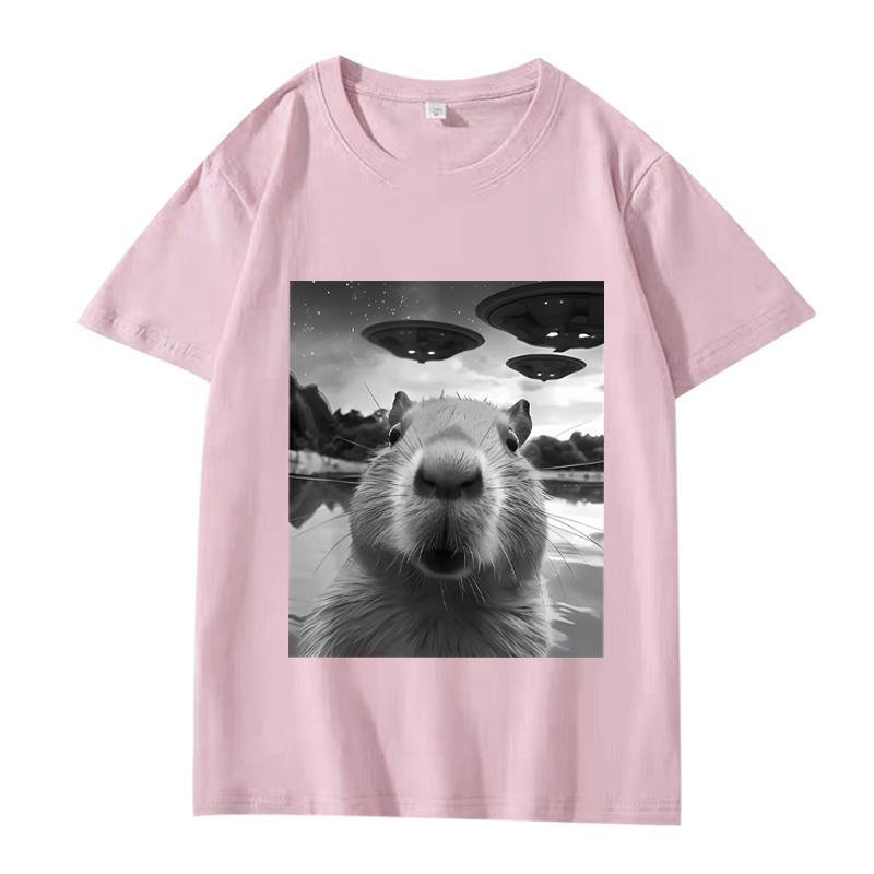 Funny Capybara Selfie with UFO Graphic T Shirt Men Women Oversized Cotton Short Sleeve Summer Print Tops