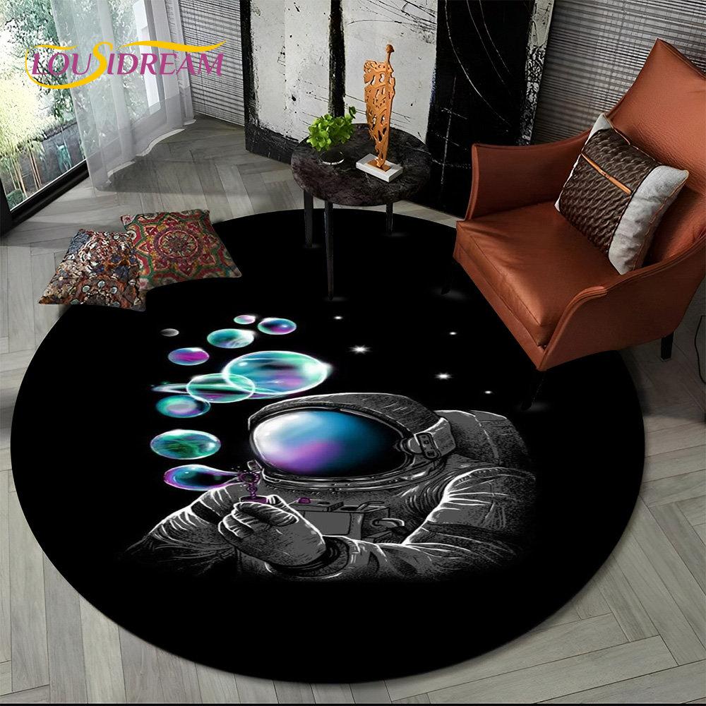 3D Astronaut Space Cartoon Round Area Rug,Carpet Rug for Living Room Children's Bedroom Sofa Playroom Decor,Non-slip Floor Mat