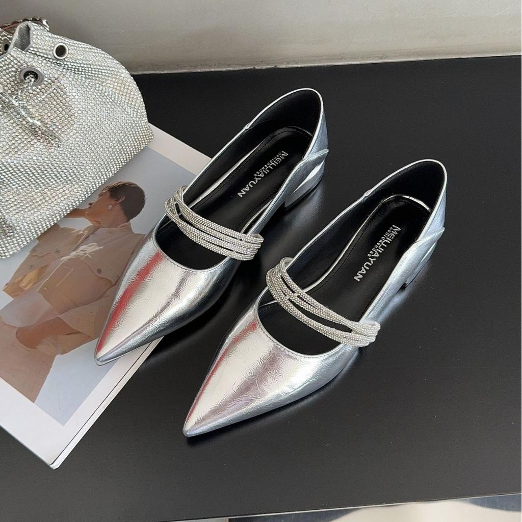 European station pointed women's shoes 25 autumn cowhide shallow mouth with diamonds small women bag head flat sandals lady style fashion