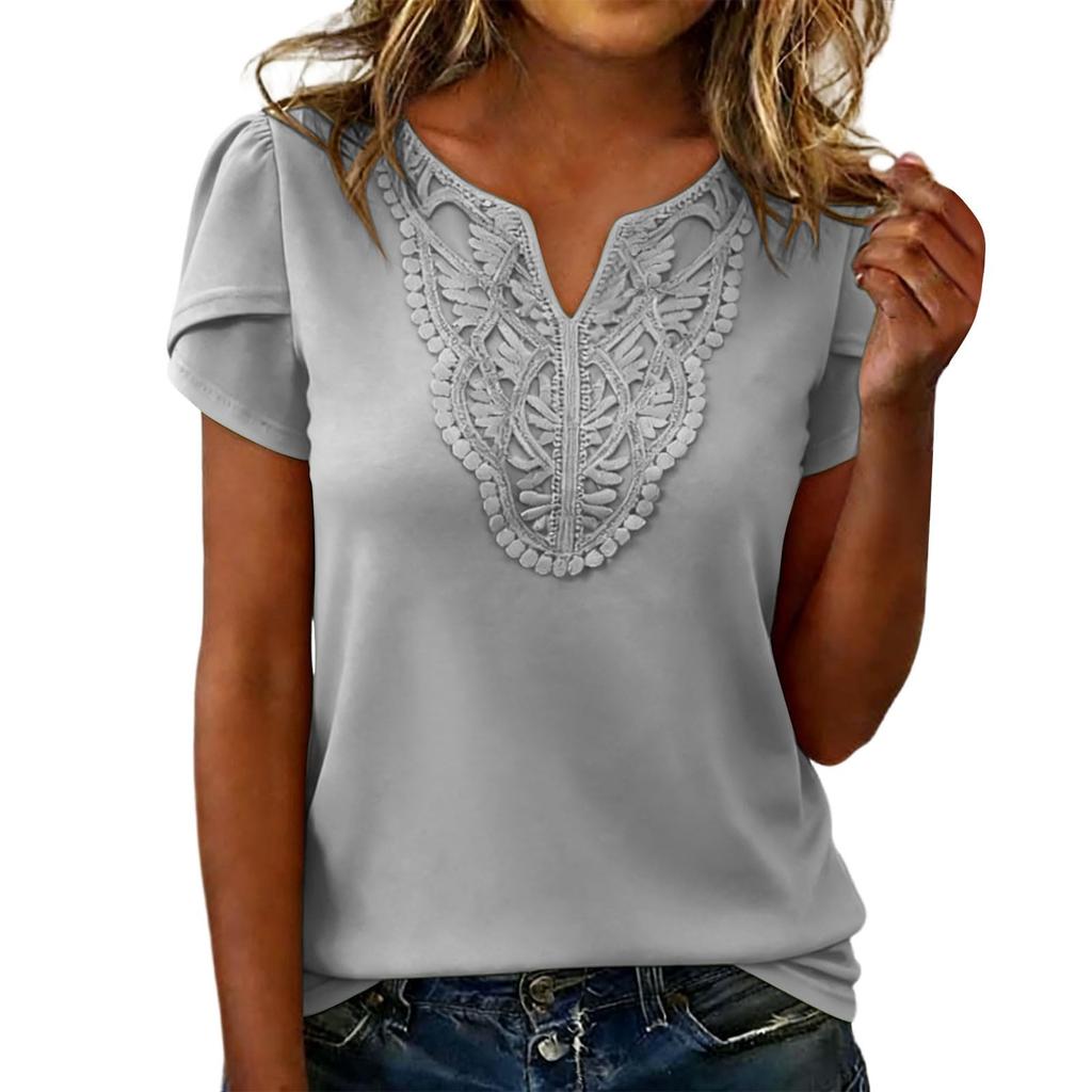 Women Loose Lace V Neck Dressy Business Casual Tops Blouses Elegant Petal Sleeve Shirts