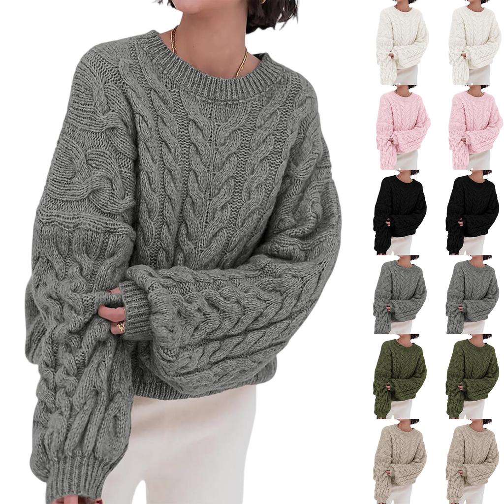 Women's Solid Color Thick Needle Big Dough Twists Loose Pullover Round Neck Long Sleeve Sweater