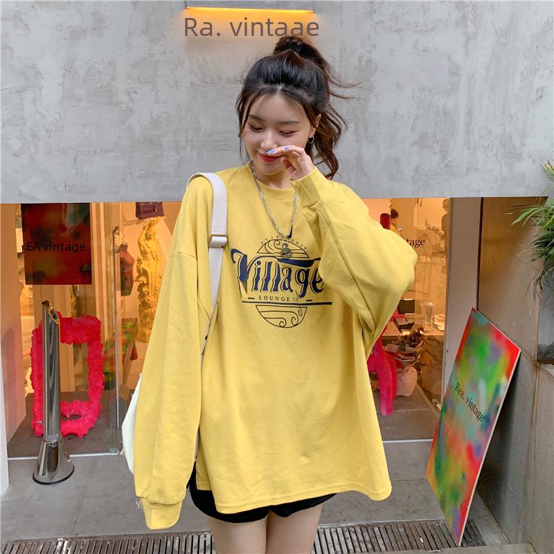 Damen Baumwoll-Sweatshirt mit lockerem Schnitt, mittellangem Schnitt und Rundhalsausschnitt - Langärmeliges Herbst-/Winter-Oberteil