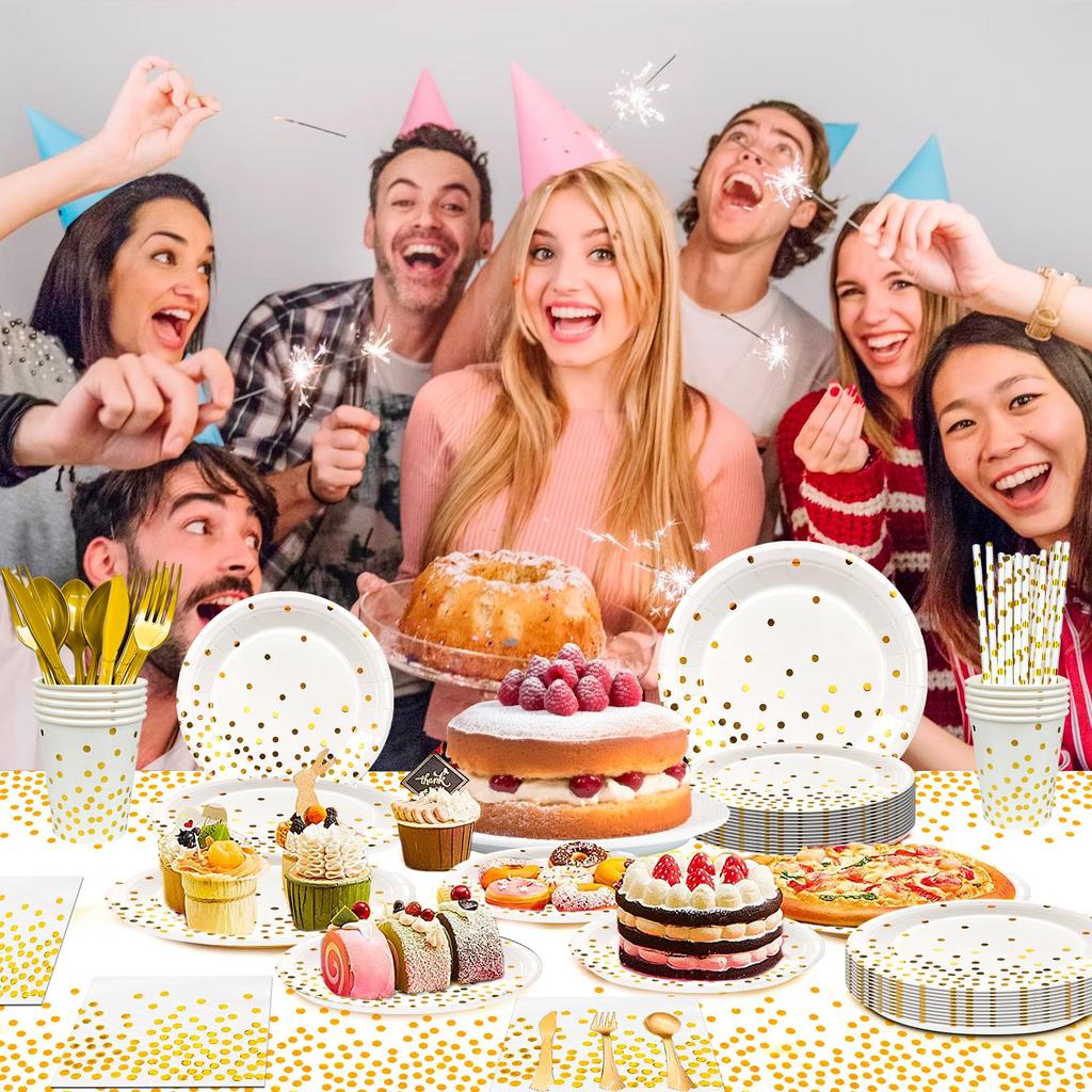 White Gold Party Supplies Decorations,129Pcs Paper Plates Party Supplies-White Gold Party Paper Plates Cups Tablecloth&Gold Dot Napkins for Graduation