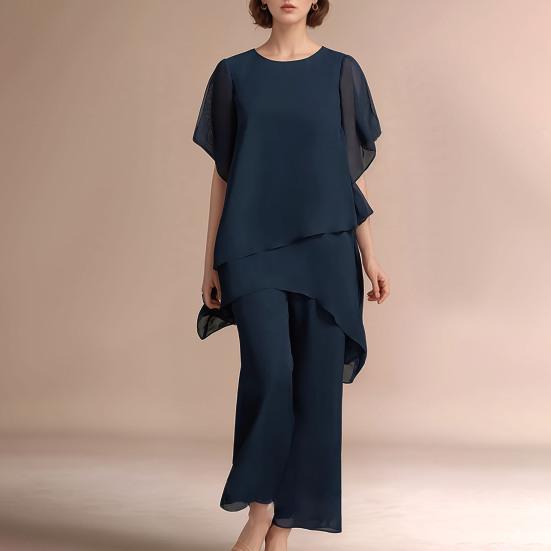 Dames 2-delt chiffonsett Casual Plus Size Bredt bukse-drakt Rysjer Asymmetriske lag Bryllupsgjestantrekk for vår sommer