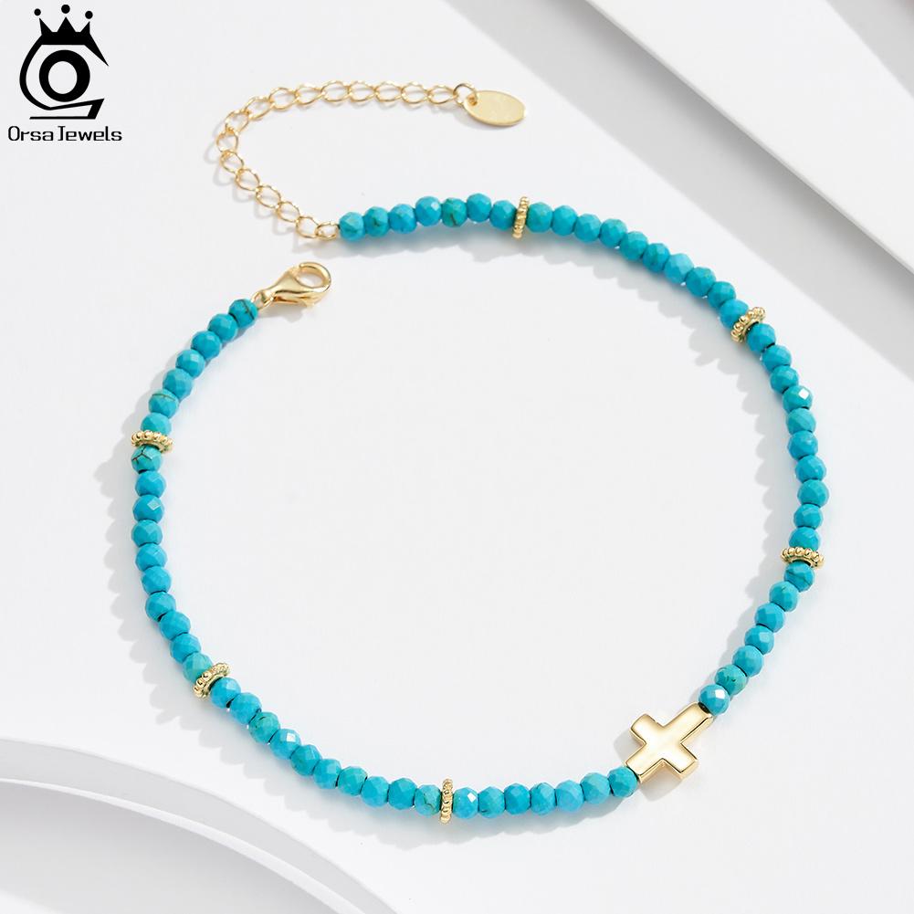 ORSA JEWELS New Summer Beach 925 Sterling Silver Cross Anklet for Women Turquoise Gemstone Beaded Chain Anklet Jewelry Gift SA86