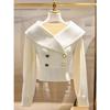 2026 Autumn/Winter French Chic White Lapel Knitwear: Women's Elegant, Waist-Cinched Slimming Sweater.
