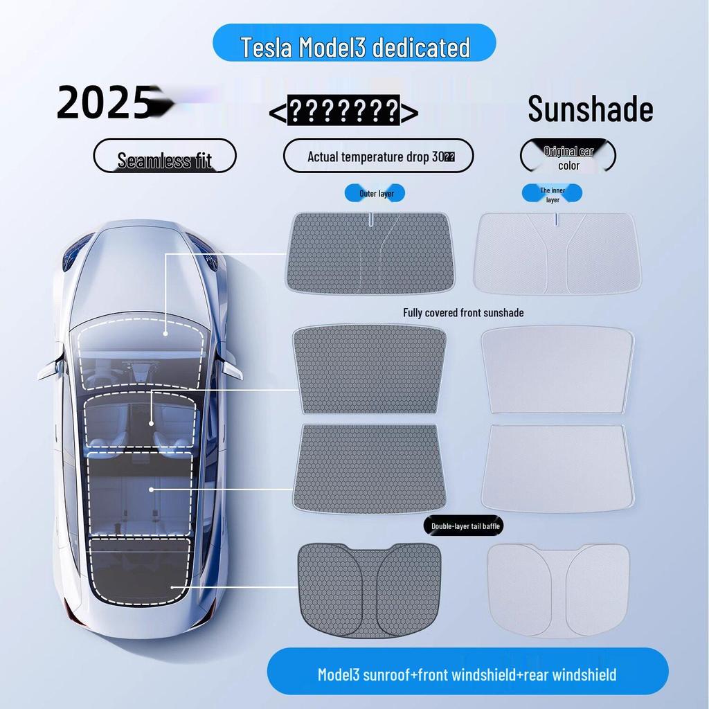 Compatible Sunshade for Tesla Model Y/3/YL: Sunroof, Front Windshield, and Rear Window Heat Insulation.