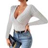 Women's V Neck Long Sleeve Top Ribbed Slim Fit Wrap Front Casual Blouse