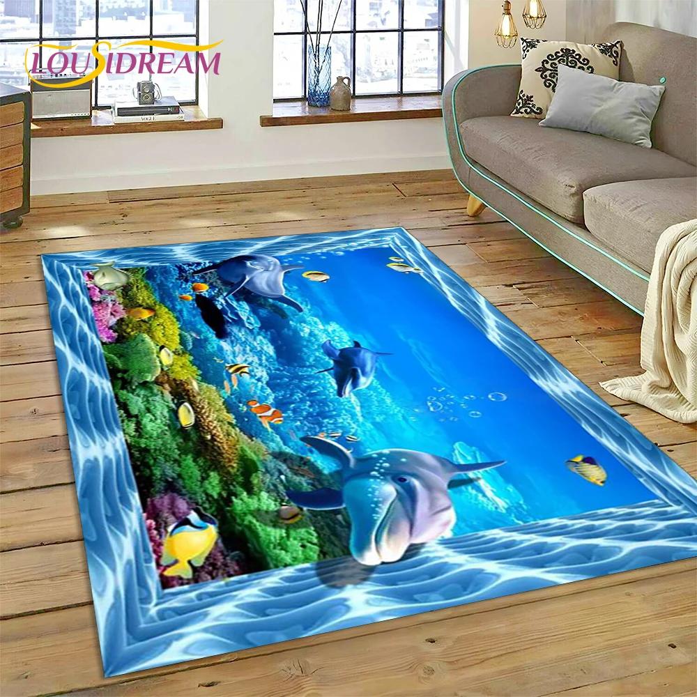 3D Illusion Underwater World Seabed Shark Dolphin Cartoon Carpet Rug for Bedroom Living Room Sofa Decoration,Kid Decor Floor Mat