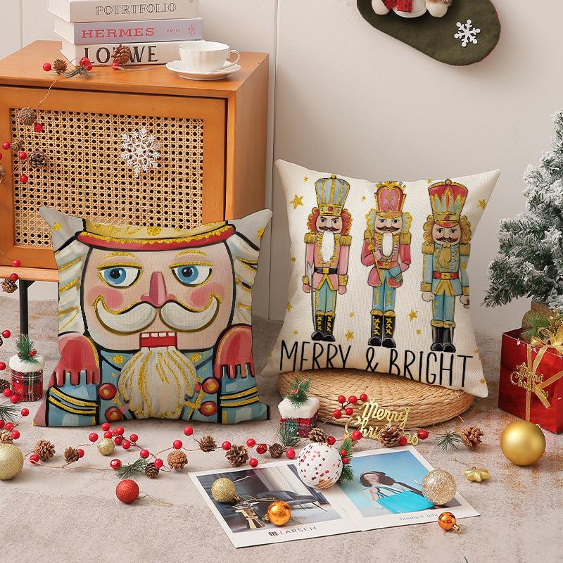 Ny God Jul Nötknäppare Kuddfodral Linne Tryck Tecknad Träsoldat Kudde Dekoration