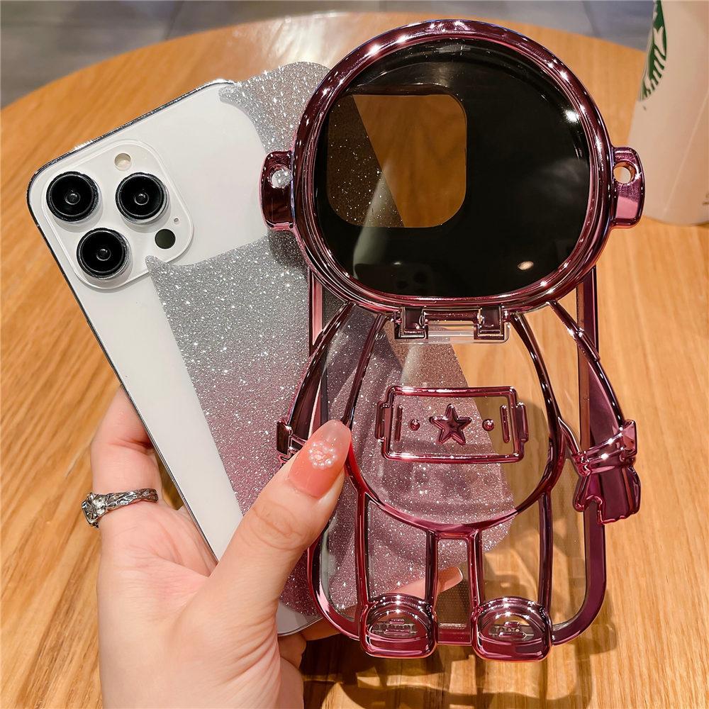 Glitter Astronaut Clear Phone Case For iPhone 16 15 14 Plus 13 12 11 Pro Max Crossbody Mirror Stand Cover