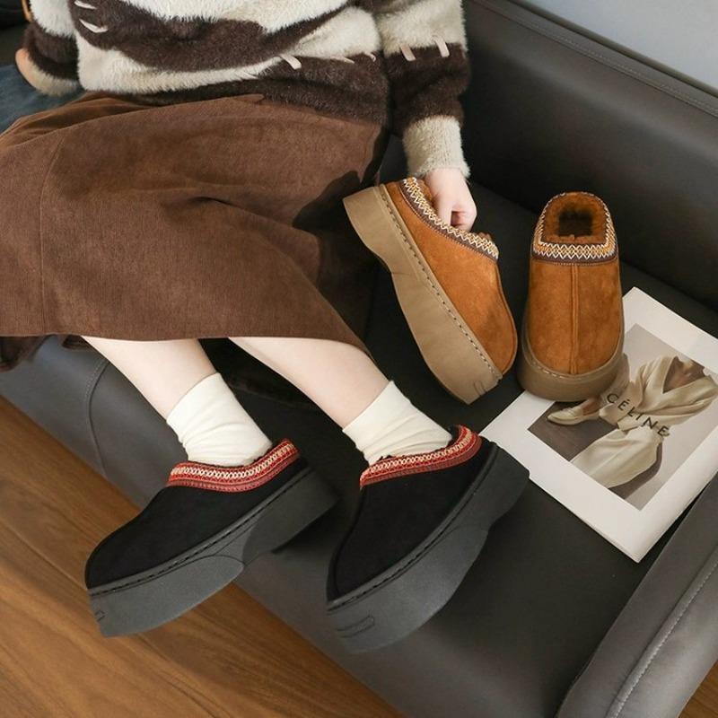 New cotton slippers women's winter embroidery thick-soled velvet warm one-pedal non-slip heightening slippers