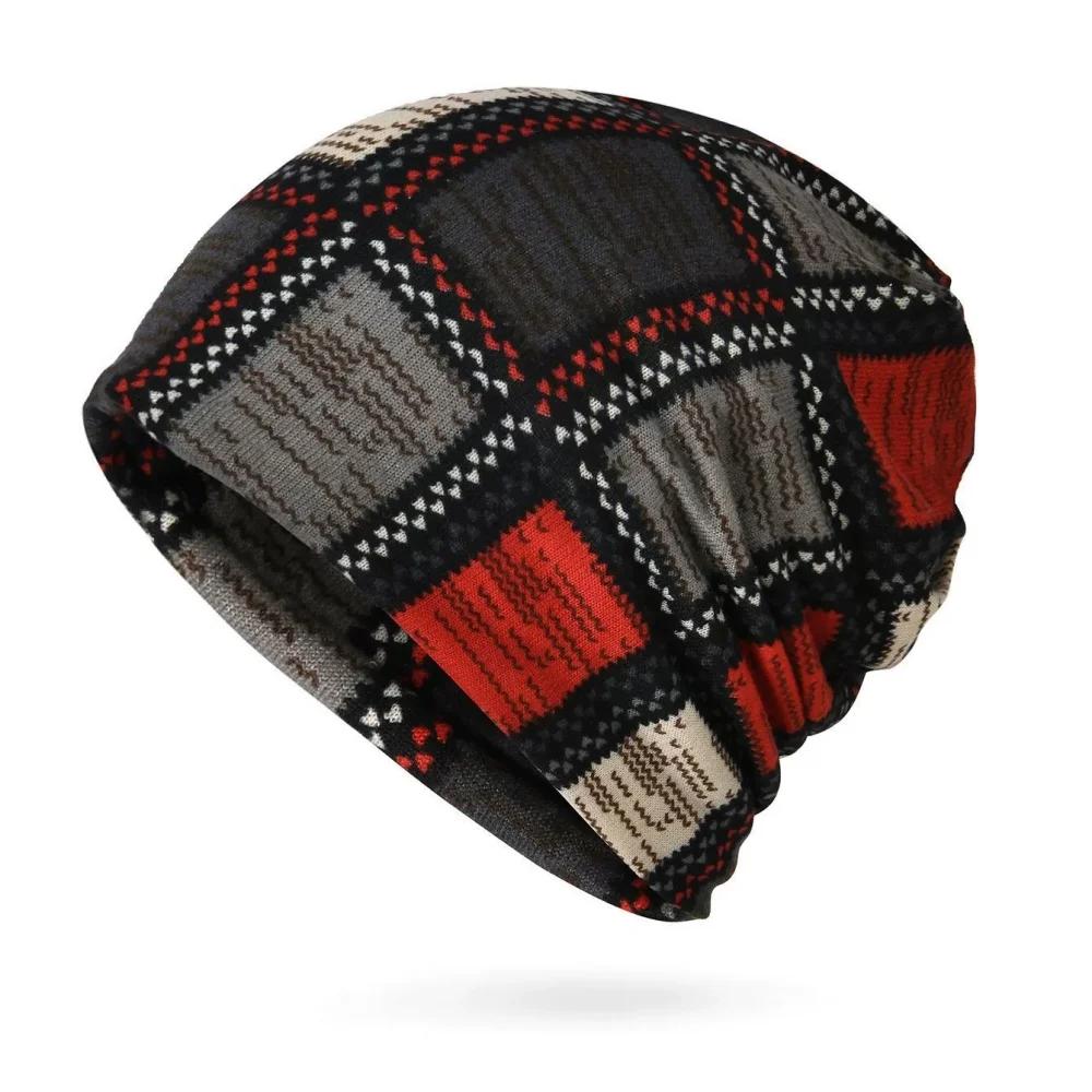 Winter Vintage Beanie Slouchy Skull Cap Color Block Windproof for Women Men