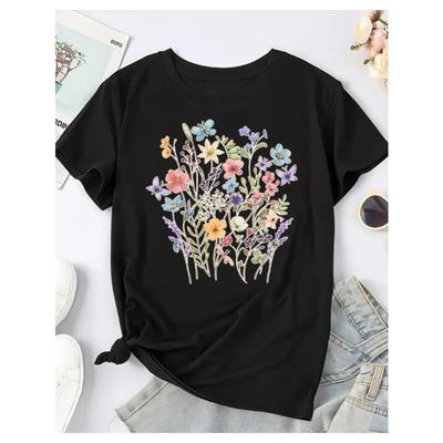 Damen Rundhals Kurzarm T-Shirt Blumendruck Lebendiges Blumenmuster Lockere Passform Lässig Bequem Damen Mode Top