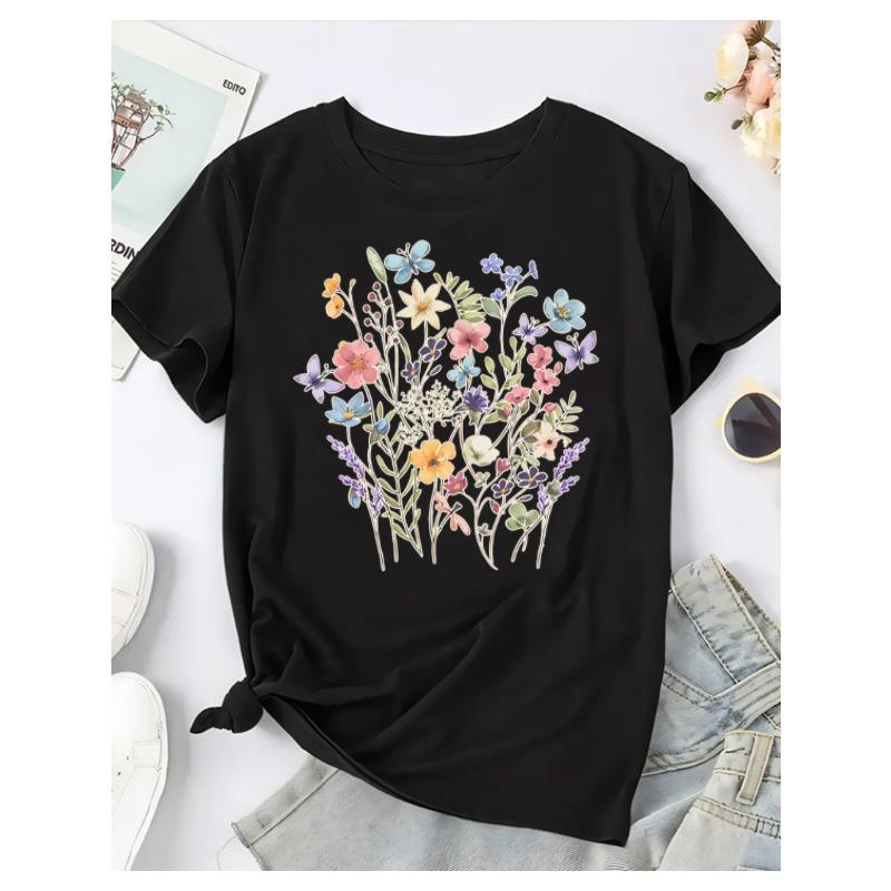 

Women Crew Neck Short Sleeve T-Shirt Floral Print Vibrant Flower Design Loose Fit Casual Comfortable Ladies Fashion Top 4XL чорний