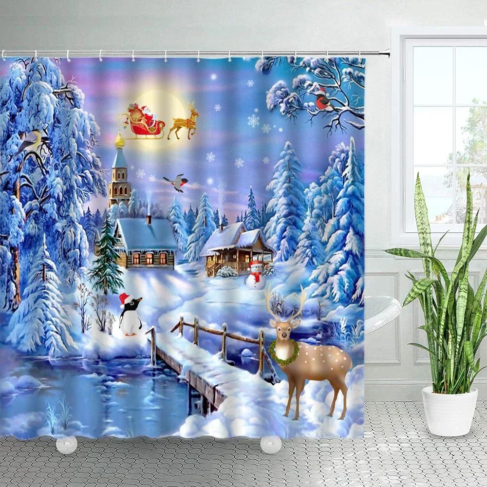 

Рождественские елки Новый год Рождество Декор для ванной комнаты Городской зимний пейзаж Наборы штор для душа Рождественские Полиэстеровая ткань Занавески для ванной 90x180cm-35x70in