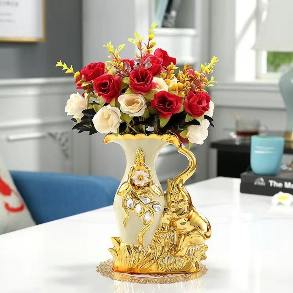 European Style Elephant Vase Modern Flower Container Flower Holder Ceramic Gold Vase  Dining Table