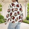 Women Plus Size White Rose Printed Baseball Collar Long Sleeve Jacket With Pockets