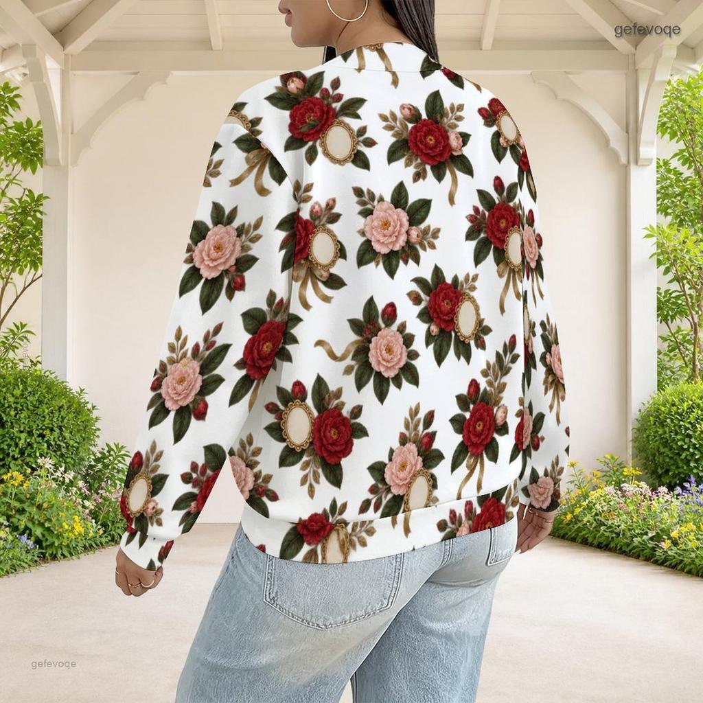 Women Plus Size White Rose Printed Baseball Collar Long Sleeve Jacket With Pockets