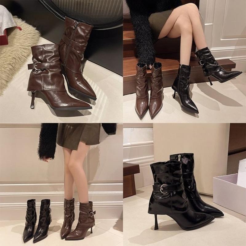 Vintage Pointed-toe High-heeled Ankle Boots, Women's Shoes