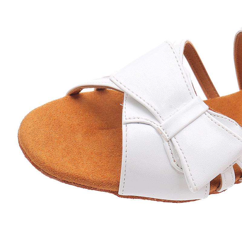 Girls' White Bow Latin Dance Shoes - Soft Sole, Mid-Heel for Cha-Cha and Standard Practices