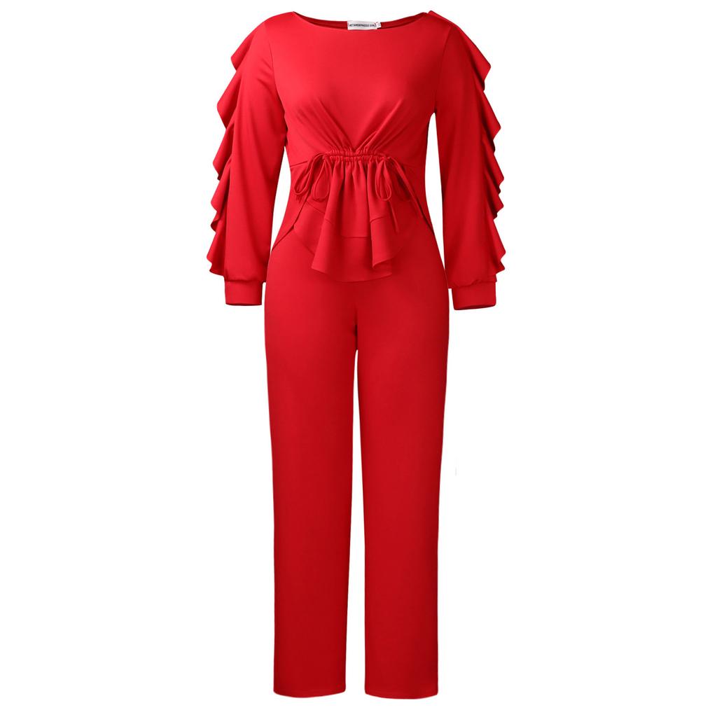 Zweiteiliges Set aus modischem, schmal geschnittenem Oberteil mit Kordelzug und lässiger Hose für Damen