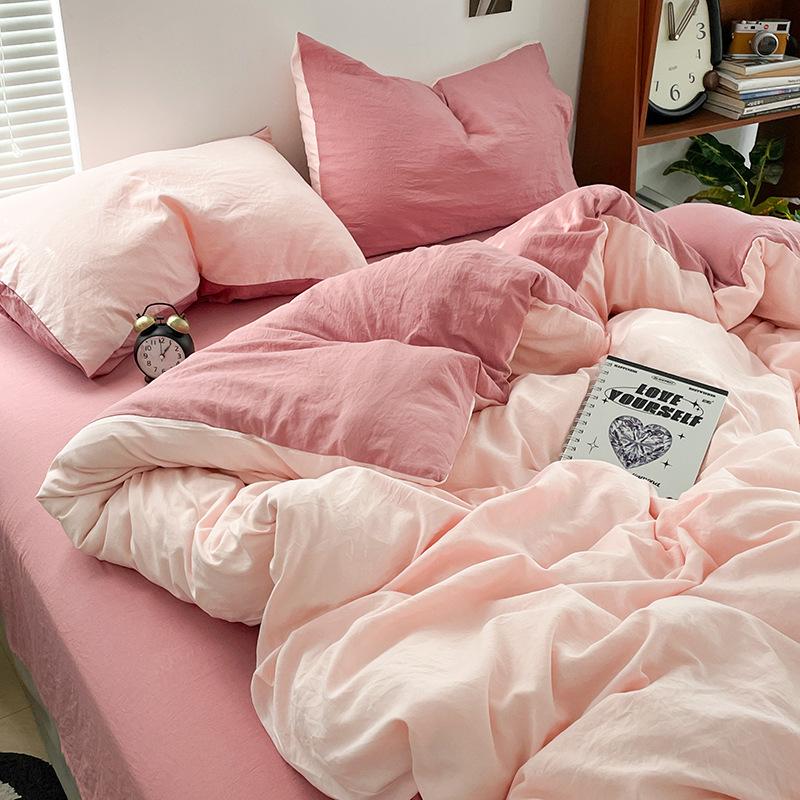 Super Soft Bed 4Pcs Set, Pure Washed Cotton Quilt Cover, Bed Sheet Full Quilt Cover, Bed Hat Student Three 4-Piece Set