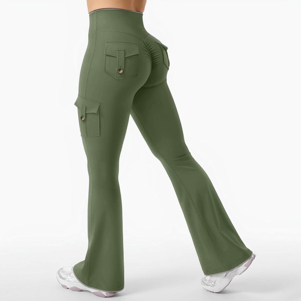 Women's Sports Flared Leggings With Pockets, Stretchy High-Waisted Workwear Yoga Pants