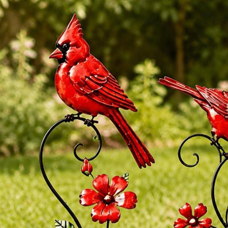 Outdoor Garden Bird Stakes Set of 4 Piece in Metal for Lawn and Soil Display, Red Yard Design for Front Yard Home Use with Bird Theme Across Home Yard