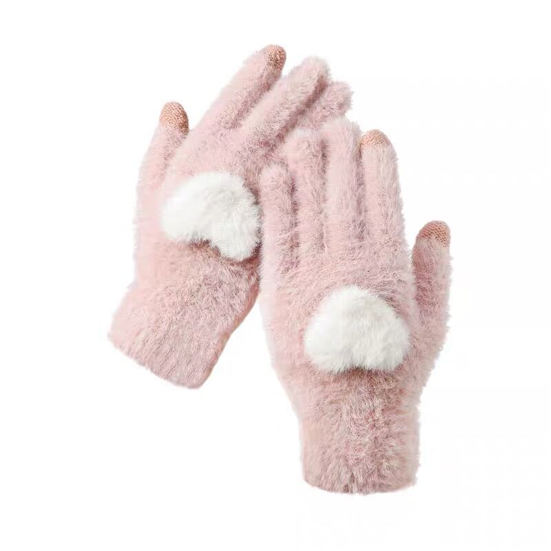 Plus Velvet Warm Touch Screen Gloves for Sweet Girls Korean Style Cute Knitted Wool Split Finger Cycling for Cold Proof Students