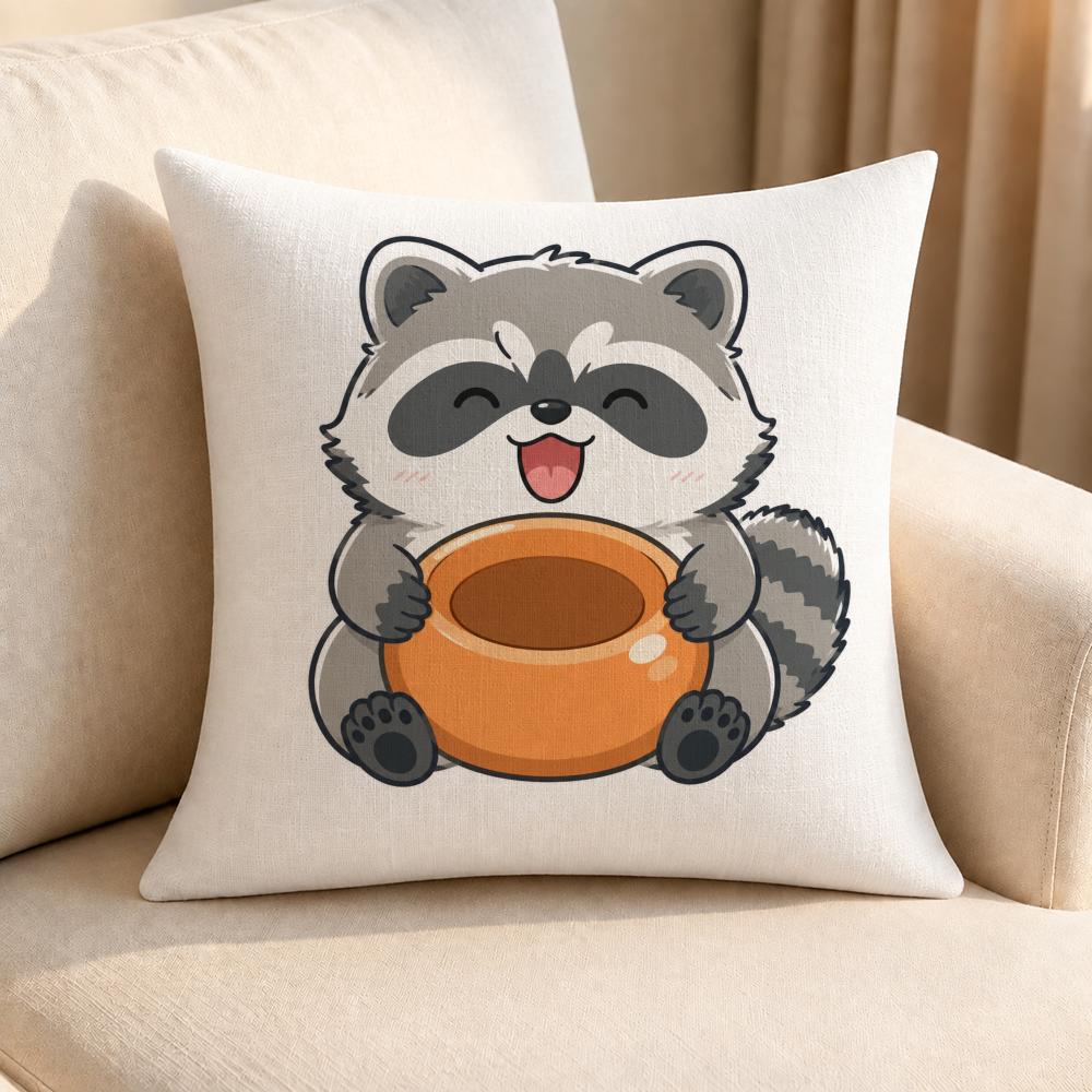 Character Cute Little Raccoon Cushion Cover Linen AntiMite Antibacterial Cushion Cover Invisible Zipper Sofa Decor