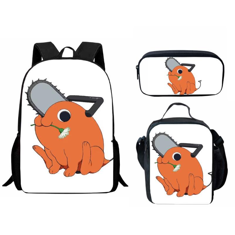 Printed Day Man Two-Dimensional Chainsaw Man Student Schoolbag Three-Piece Cartoon Backpack Lunch Bag