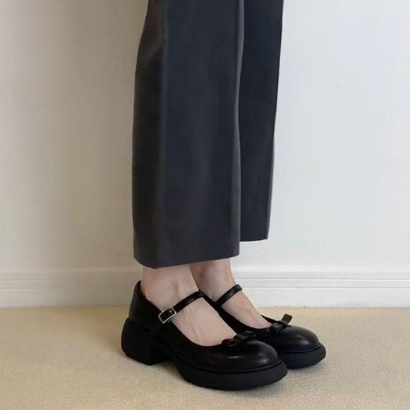 Sheepskin~ Retro Leather Bow Thick-soled Black Mary Jane Single Shoes Women's Word with Commuting Light Mouth Small Leather Shoes