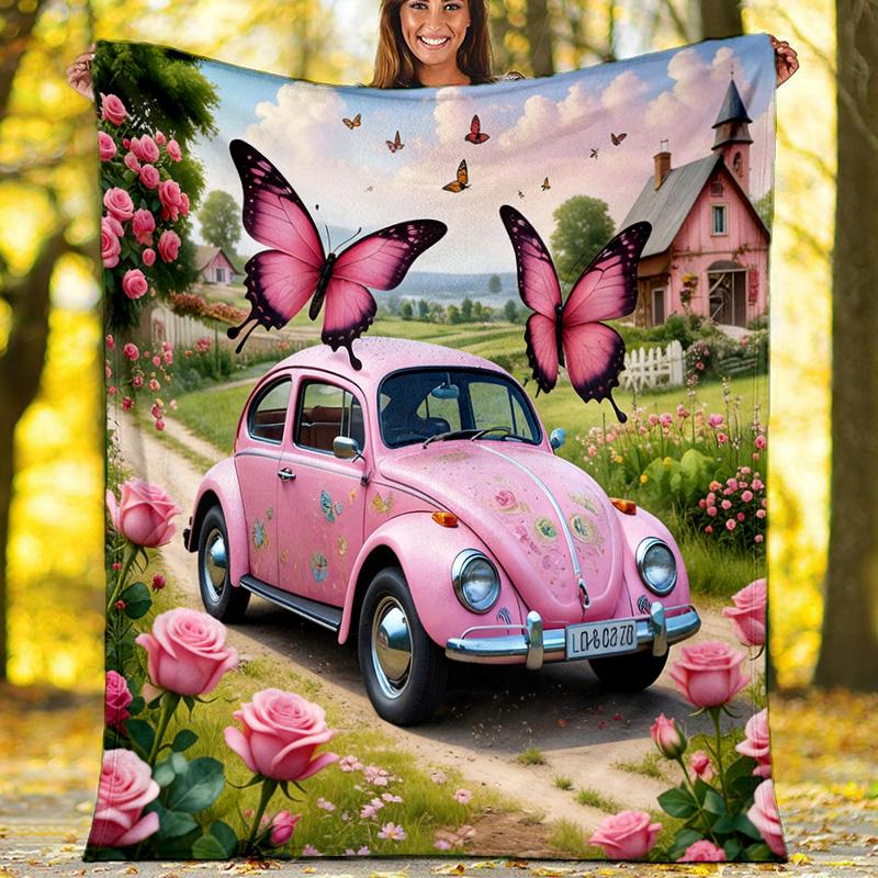 Pink Car Butterfly Rose Countryside Fleece Printed Flannel Blanket, Warm Soft Throw Sofa Bed Blanket