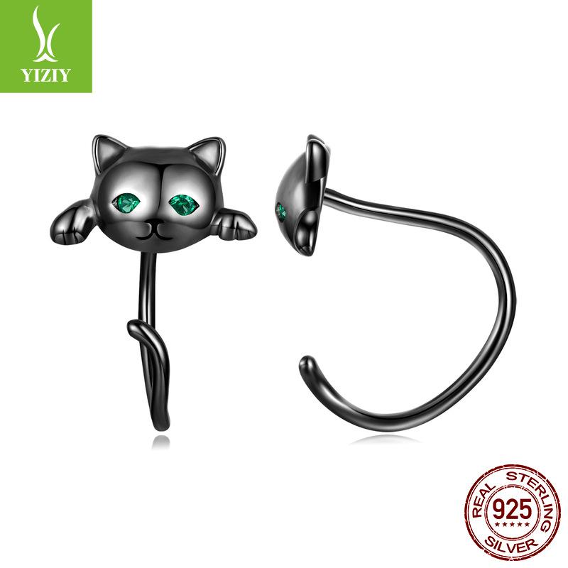 Cute Cat Stud Earrings Set, Playful Animal Electroplated 925 Sterling Silver Jewelry.