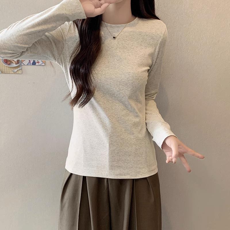 Amerykańskie retro elastyczne dopasowane T-shirt z długim rękawem na prawe ramię dla kobiet jednolity kolor okrągły dekolt podstawowa koszulka bazowa zakrywająca ciało