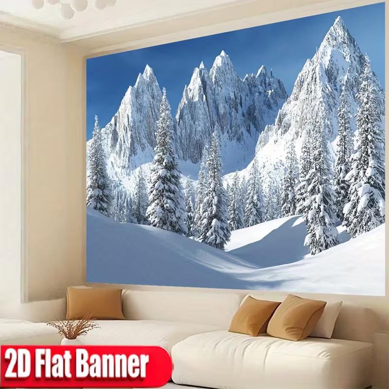 2D Scenic Mountain Tapestry, Alpine Snow Peak for Living Room