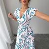 Women's White V-Neck Wrap Maxi Dress with Red Leaf Print and Ruffle Hem