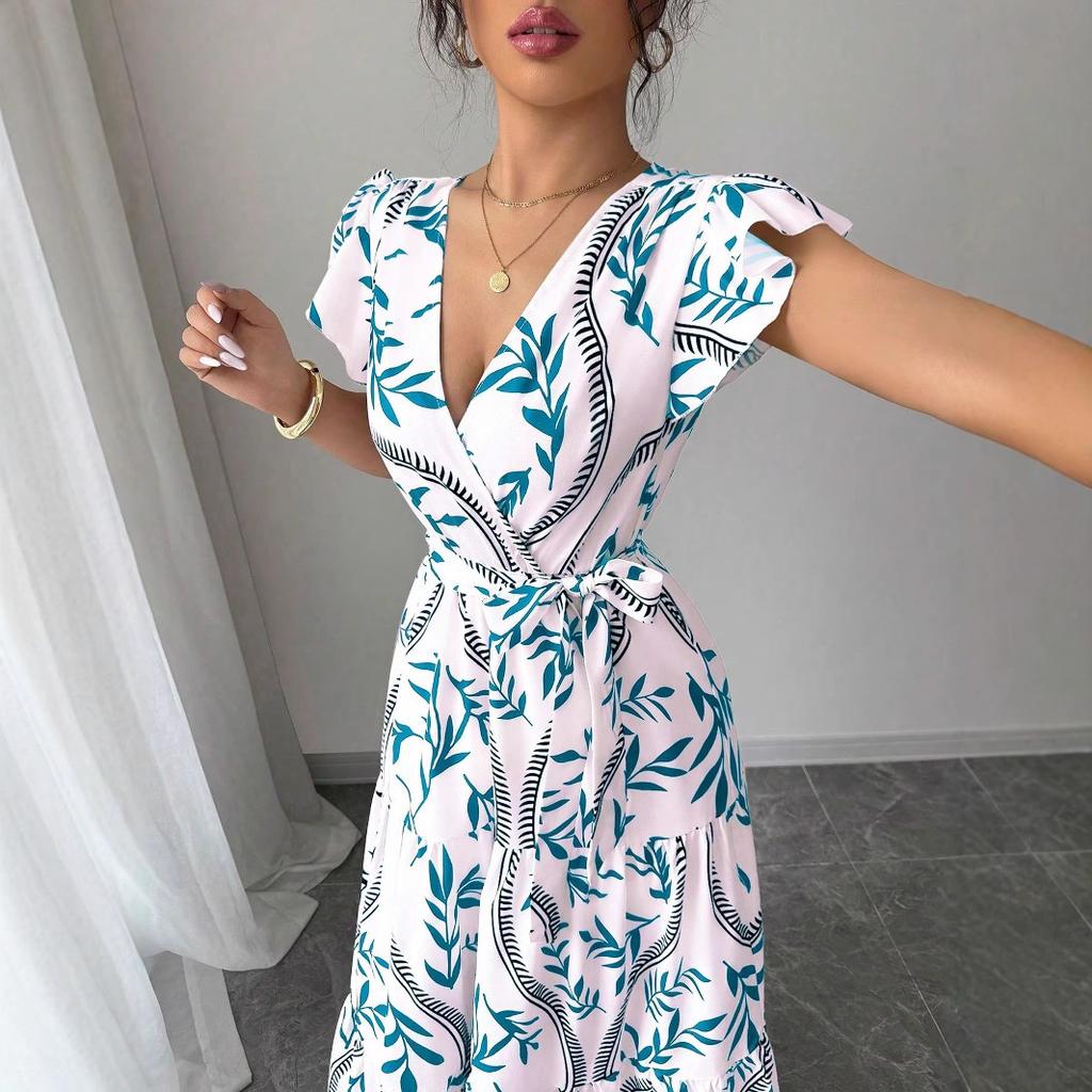 Women's White V-Neck Wrap Maxi Dress with Red Leaf Print and Ruffle Hem