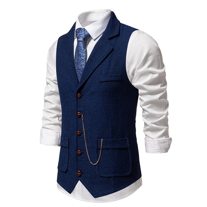 Gilet da uomo retrò con risvolto, alla moda, in tweed grezzo, con tasche, stile casual britannico, vintage, da gentiluomo, per il tempo libero, da festa