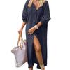Damen Longshirt Rundhals Langarm Einreiher Shirt Einfarbig