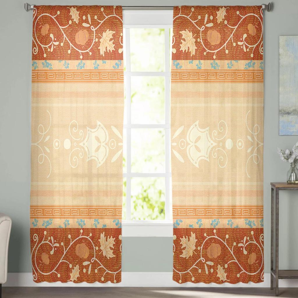 Boho Ethnic Pattern Pumpkin Maple Leaf Tulle Window Curtain  Livingroom Printed Sheer Curtain Home  Window Panels Chiffon Drapes