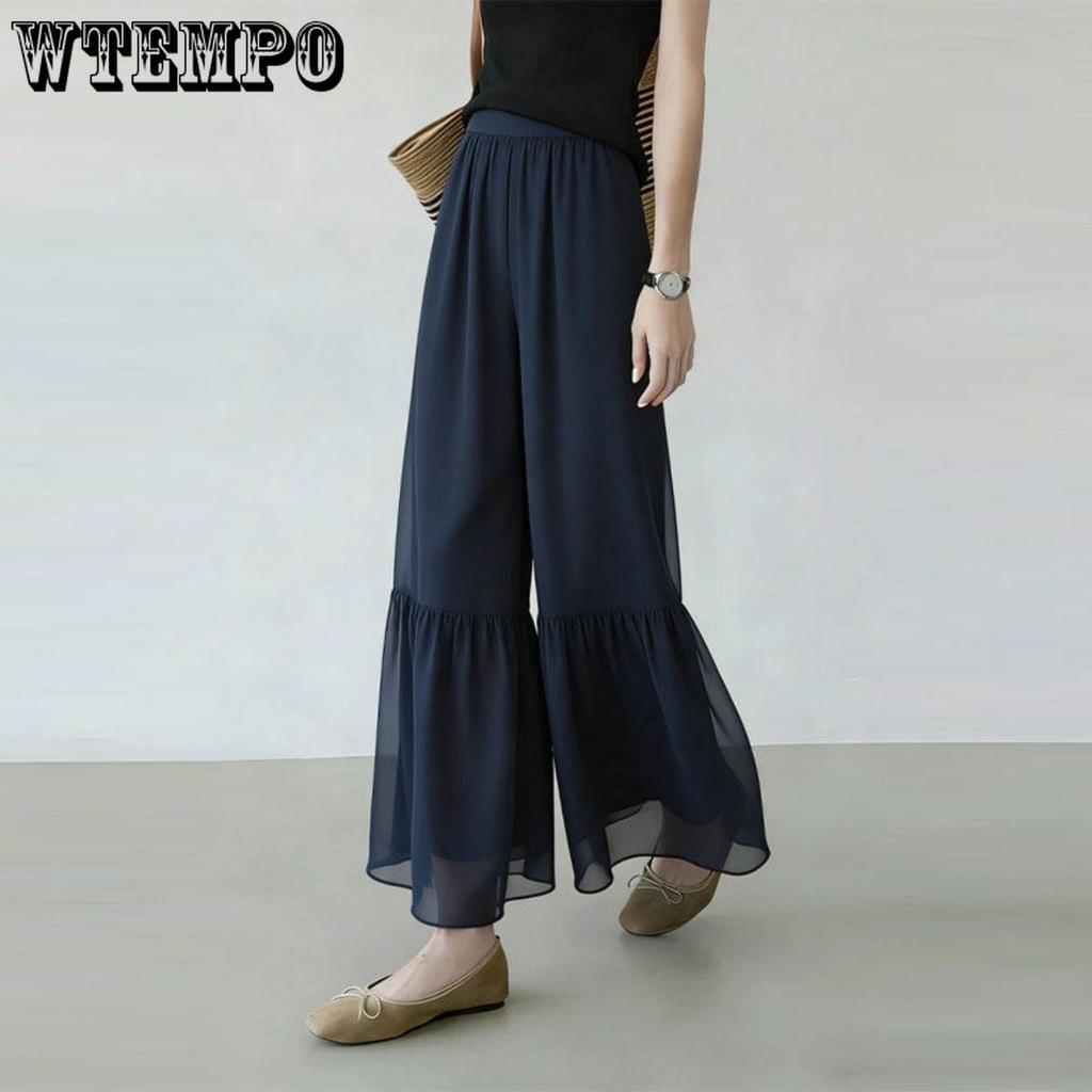 Women Elastic Waist Chiffon Ruffle Hem Wide Leg Cropped Pants Layered Flowy Sheer Capri Trousers Lightweight Summer Daily Office Casual Pants
