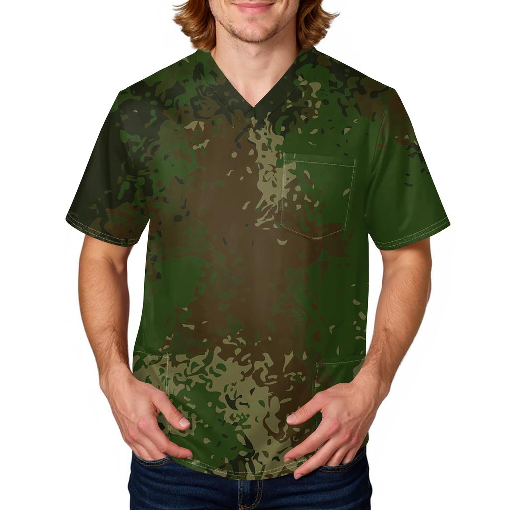 Men's Printing Short Sleeve V-neck Working Blouse Chest Pocket Carer Top